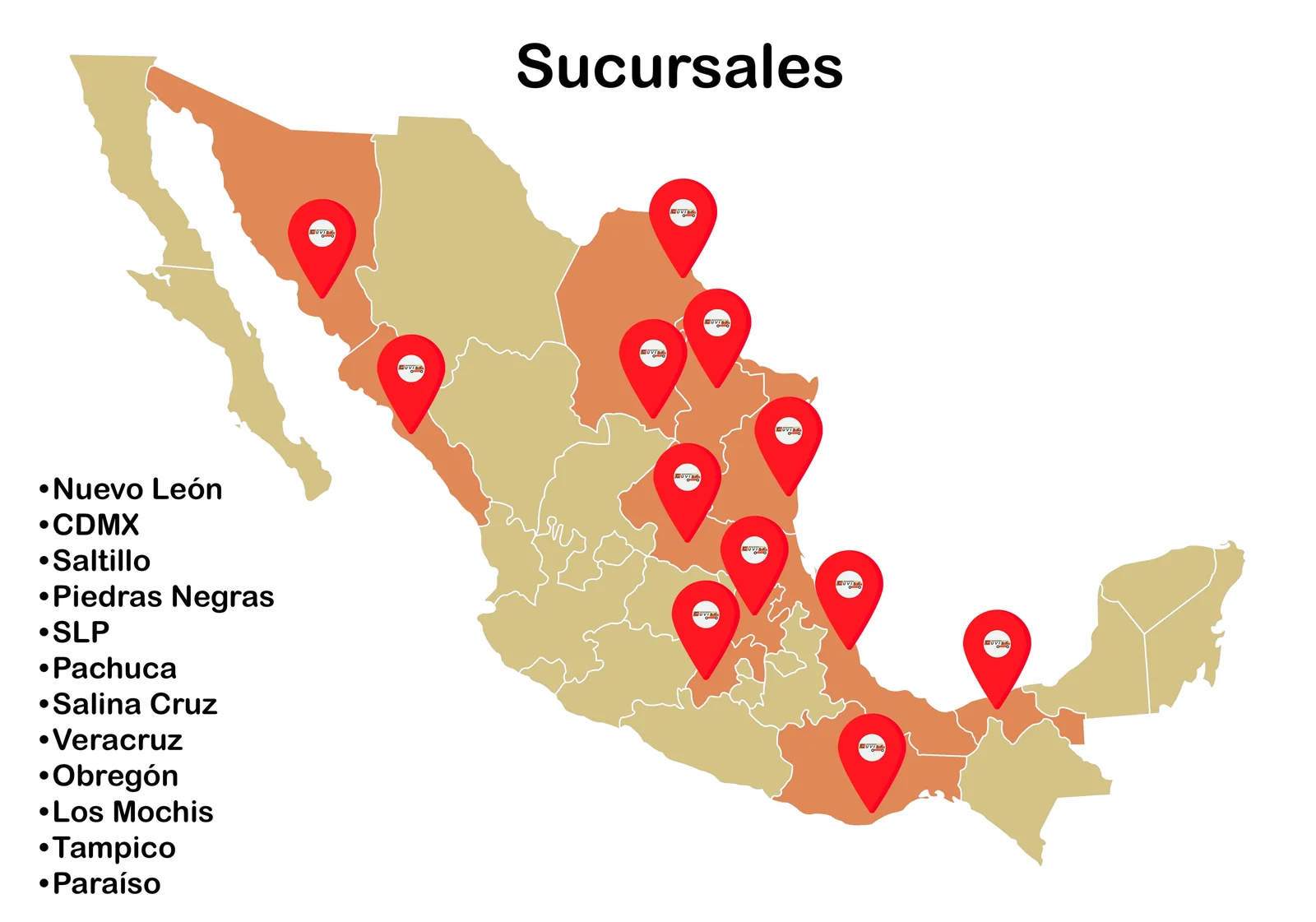 Mapa de sucursales de Maquinaria Cuvisa en México